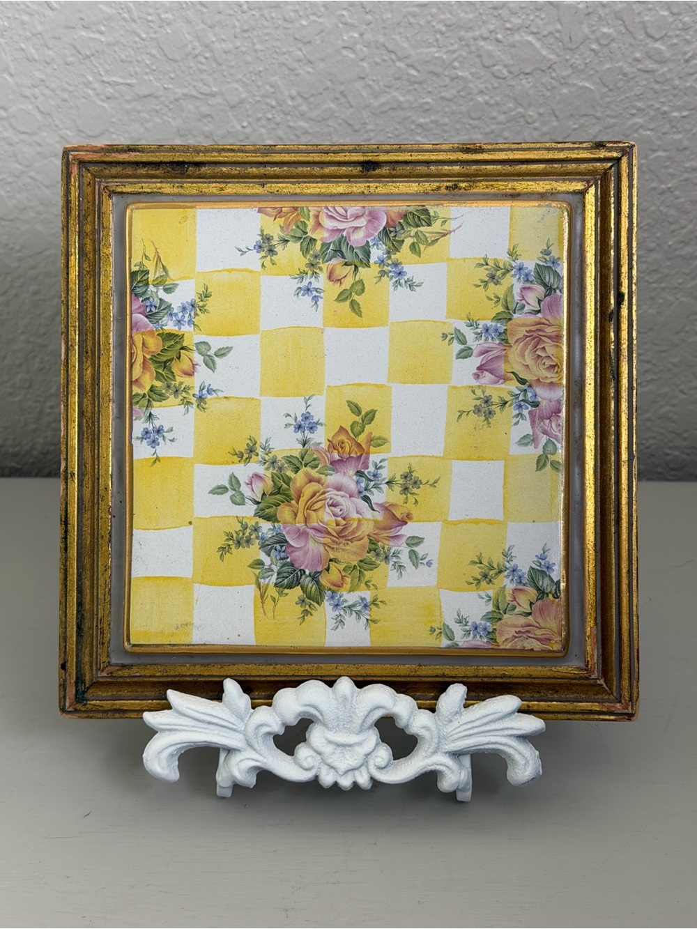Mackenzie Childs Rare Lemon Curd Yellow Check Honeymoon Tile Trivet Cork Backing